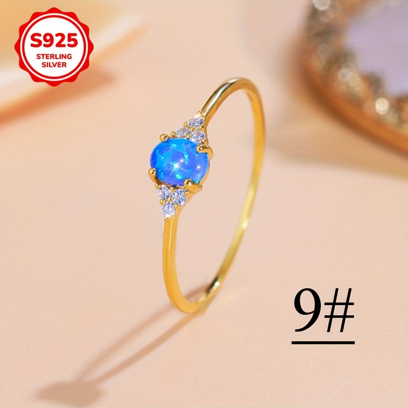 Women's 925 Sterling Silver Golden Plated Retro Style Round Opal Engagement Ring